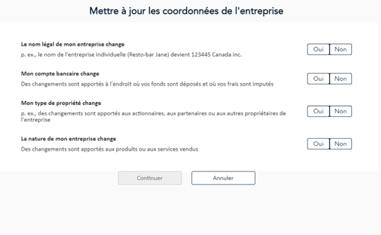 L’écran Mettre à jour les coordonnées de l'enterprise L'écran Mettre à jour les coordonnées de l'entreprise a des questions à répondre.